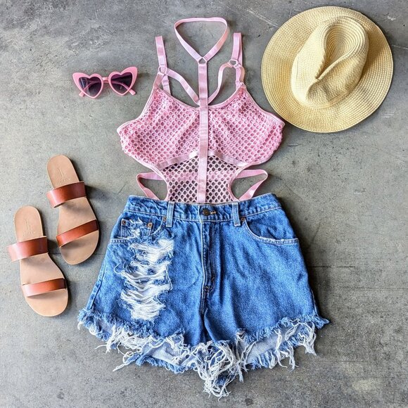 ROMWE Tops - Romwe Pink Fishnet Mesh Caged Choker Bodysuit size XL